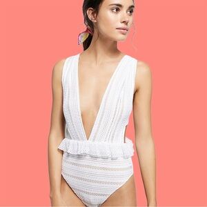 Nightcap Bardot Ruffled Lace One-Piece Swimsuit